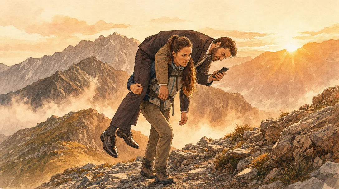 A figure climbing toward the dawn, a heavy weight on her back and an iron chain dragging behind