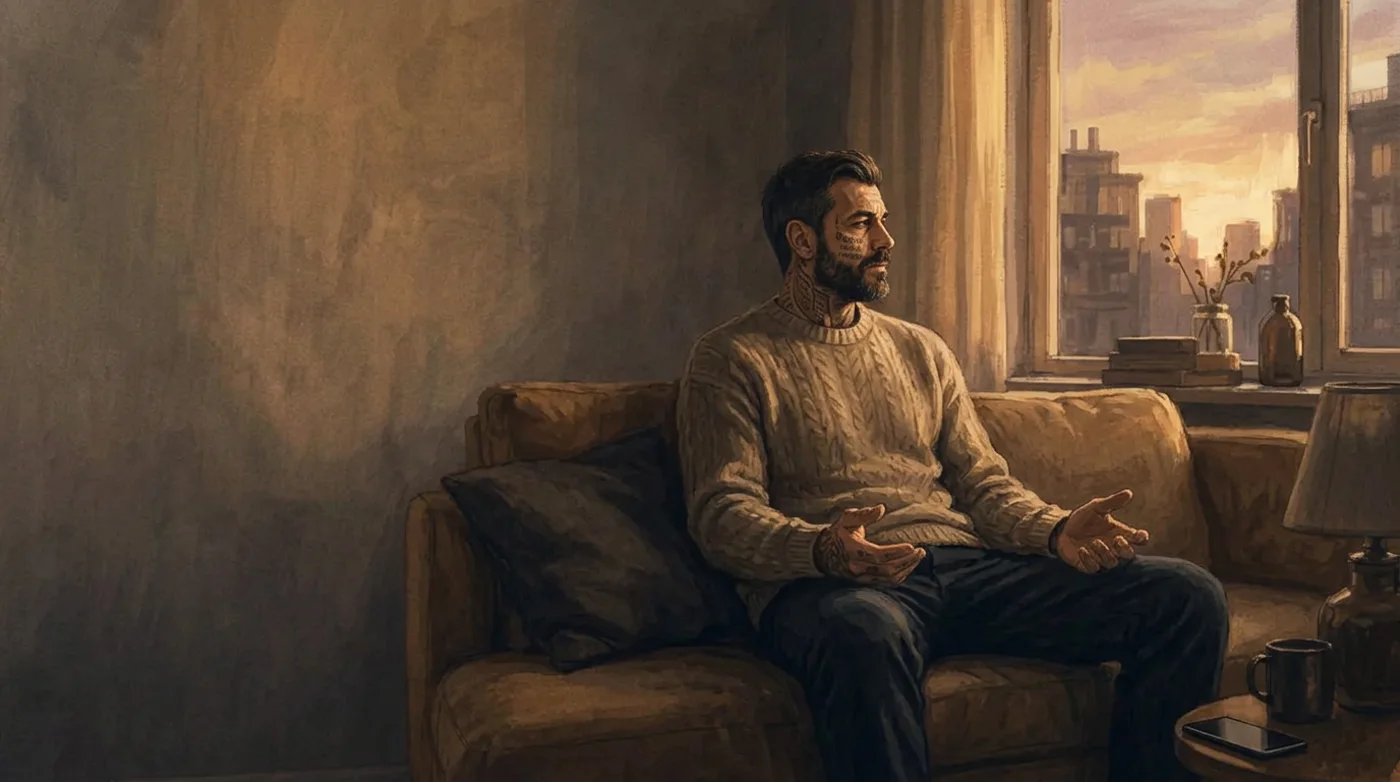 The same room as the opening, but at dawn: Zane sitting back on the couch in warm first light, hands open, the phone face-down on the table beside him