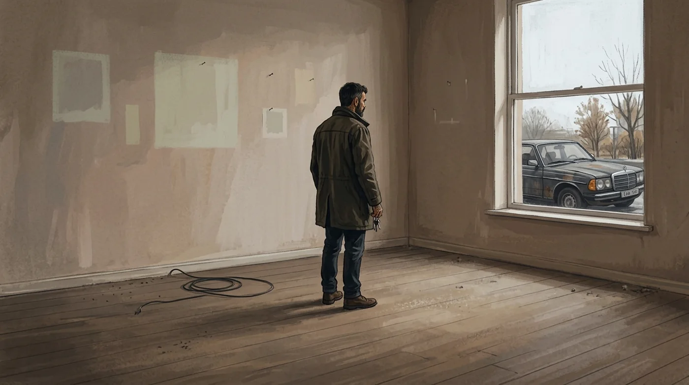Zane standing alone in a completely emptied living room, coat still on, keys in his hand, the pale marks of missing pictures on the bare walls, his old car at the kerb outside
