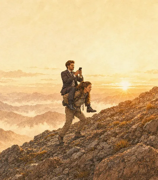 A woman carrying a man up a mountain at sunset
