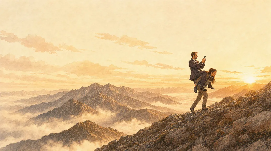A woman in hiking gear climbing a mountain at dawn, carrying an elegant man on her back who scrolls his phone, indifferent to her effort