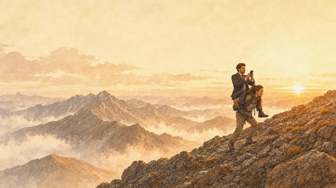 A woman climbing a mountain at sunset, carrying a grown man on her back