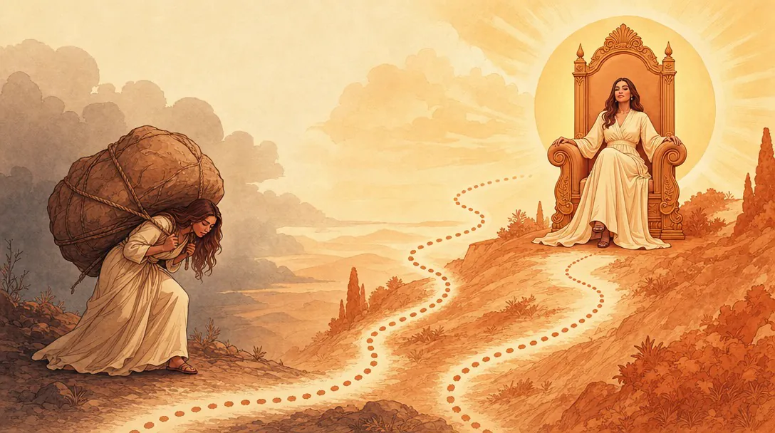 A woman's journey — bent under a heavy burden, then sitting tall and free on her own throne