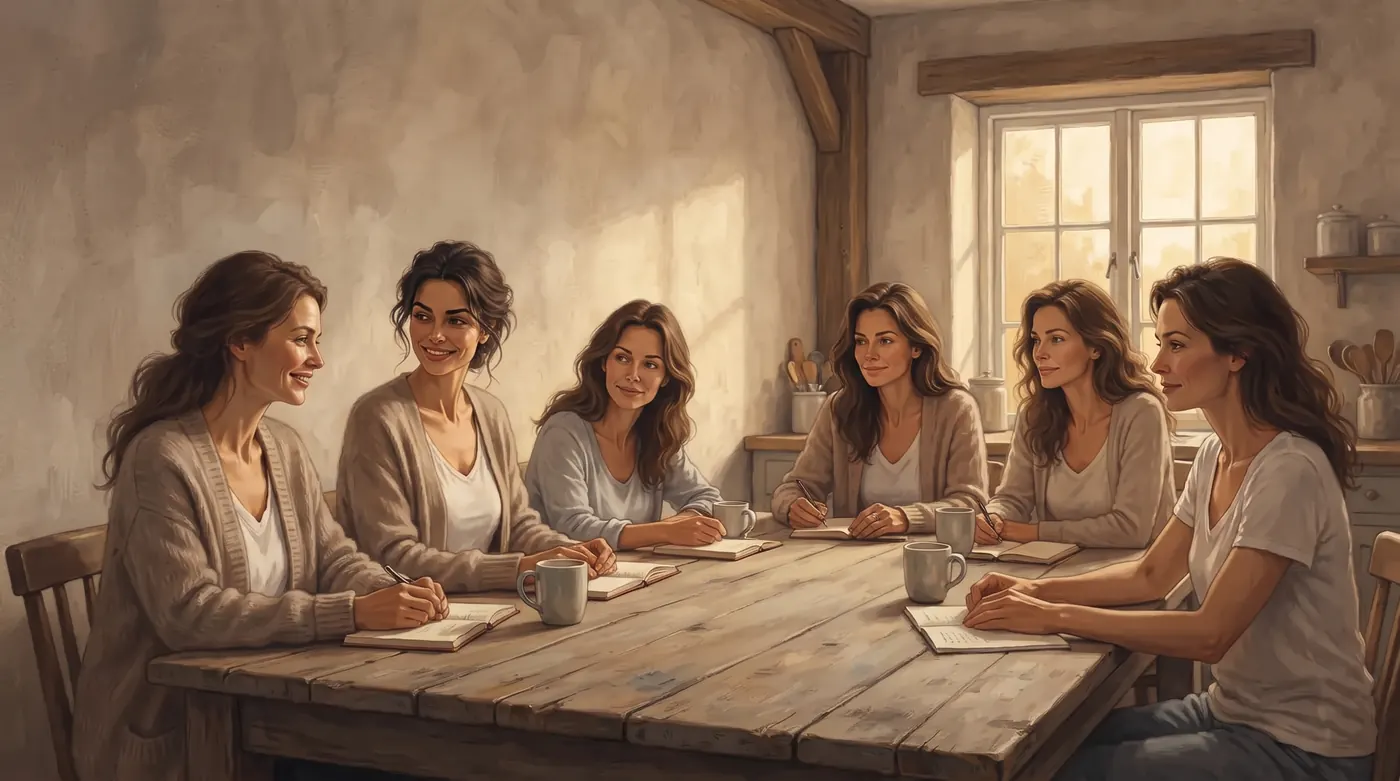 Women around a long kitchen table in early morning light, with coffee mugs and open notebooks