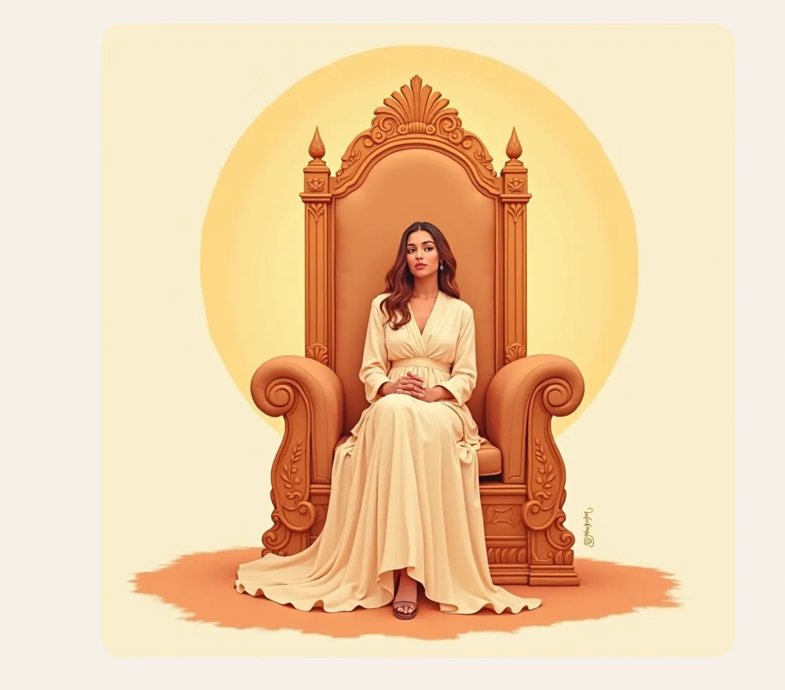 A woman sitting tall and free on her own throne at dawn