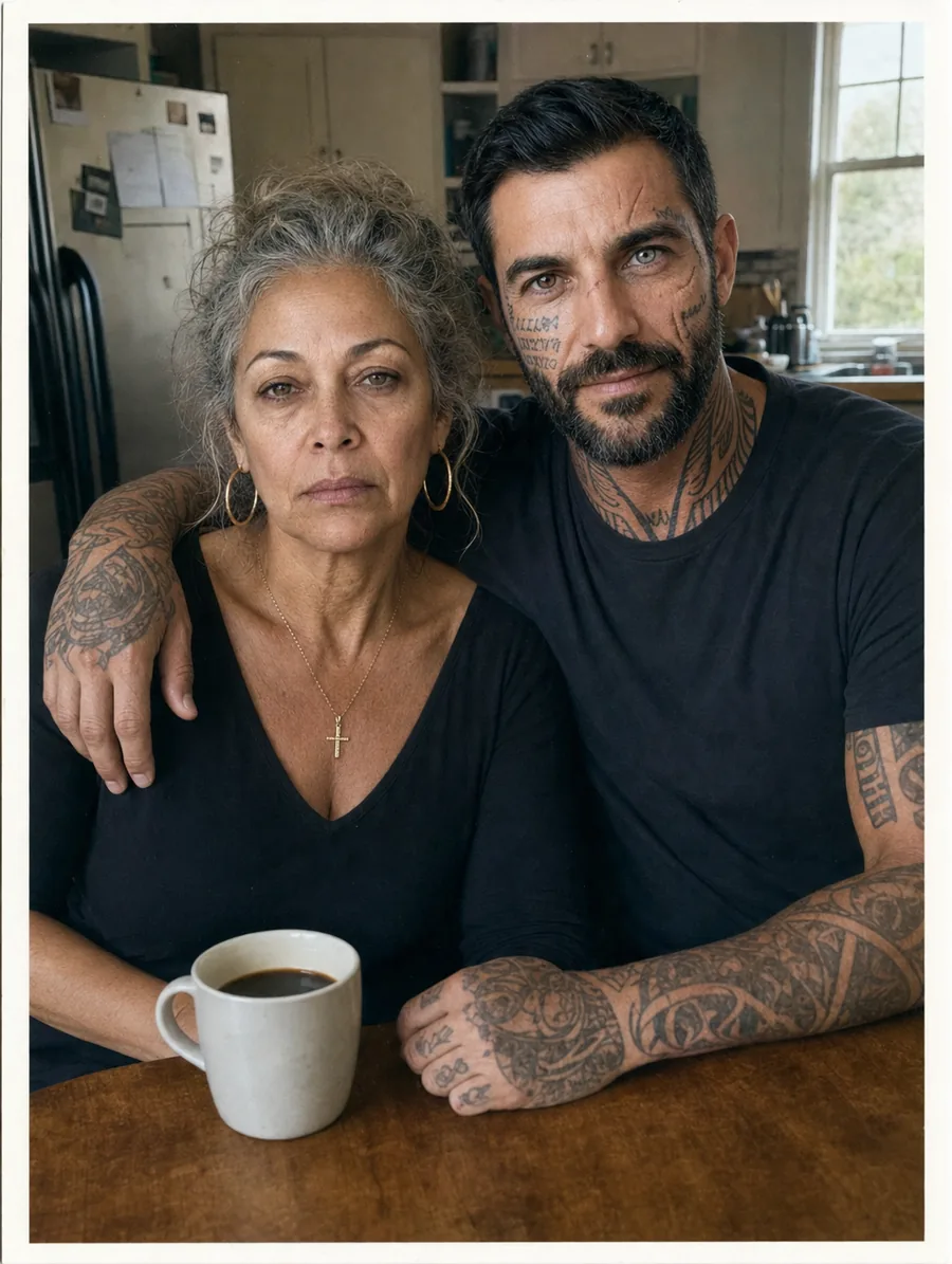 A printed photo from the second month: Zane's mother at her kitchen table, tired and not smiling, Zane beside her with an arm around her shoulders